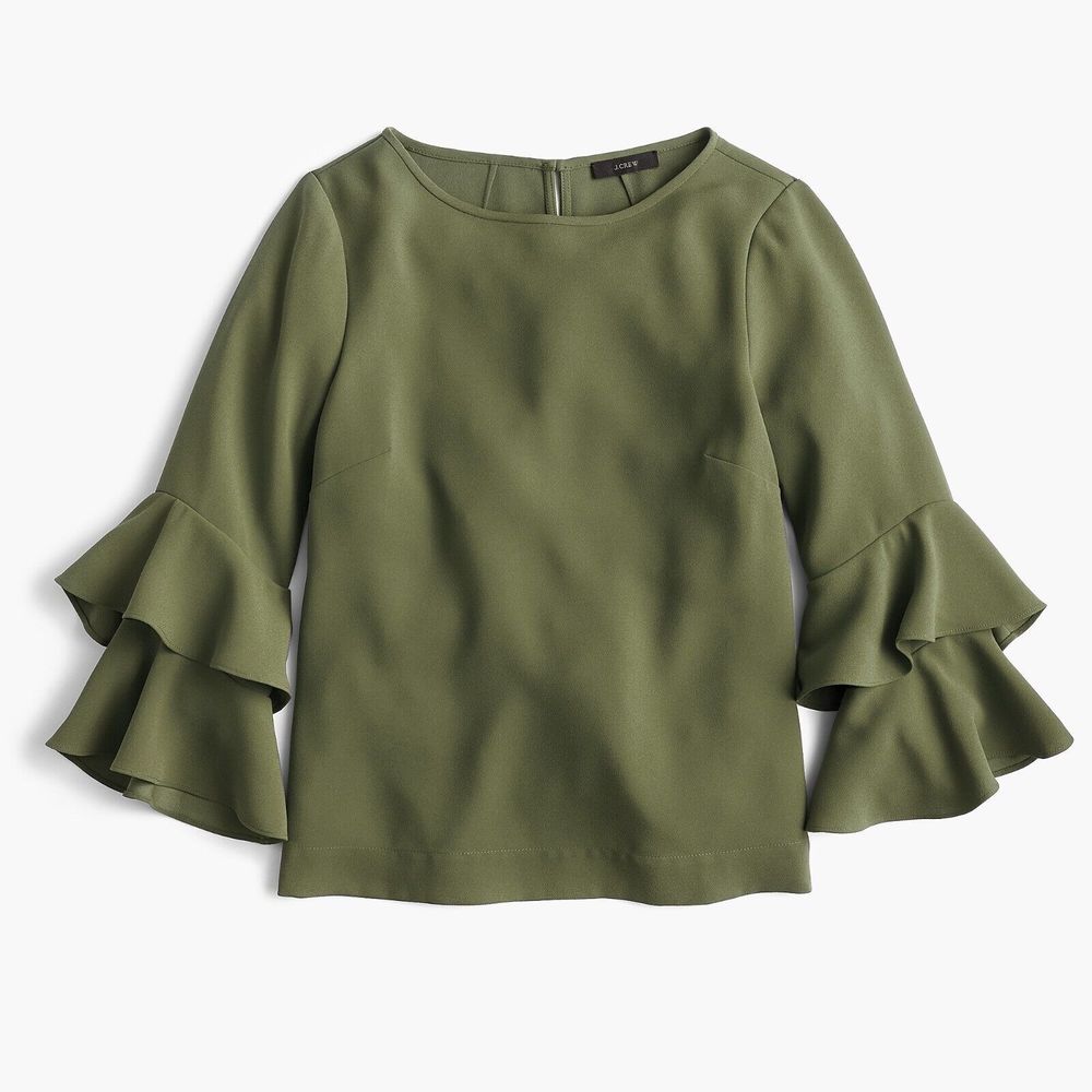 J. Crew Size 0 Tiered Bell Sleeve Top In Drapey Crepe Loden Green Back Keyhole